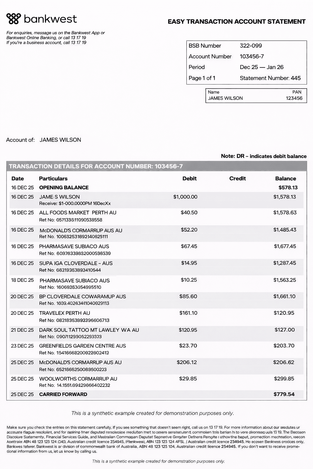 Bankwest bank statement