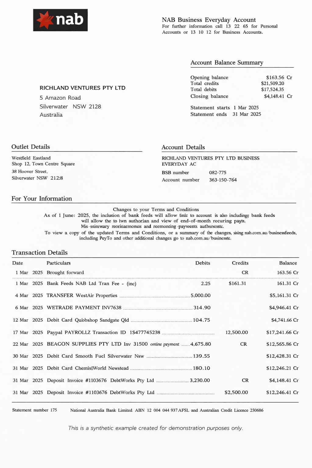 National Australia Bank bank statement