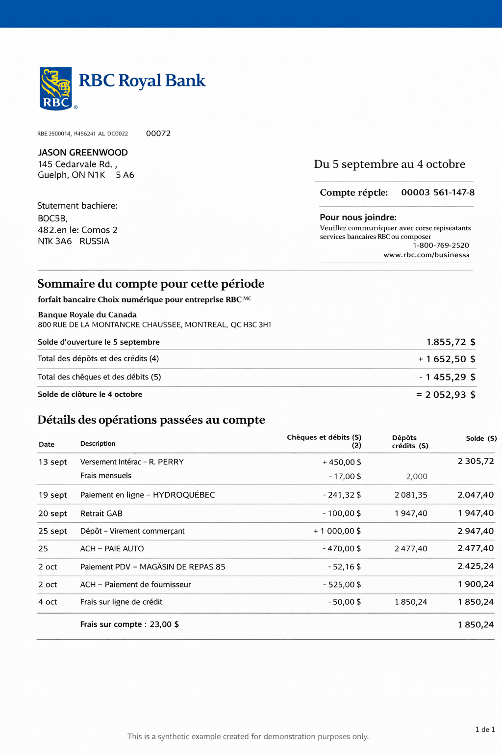 RBC Royal Bank bank statement