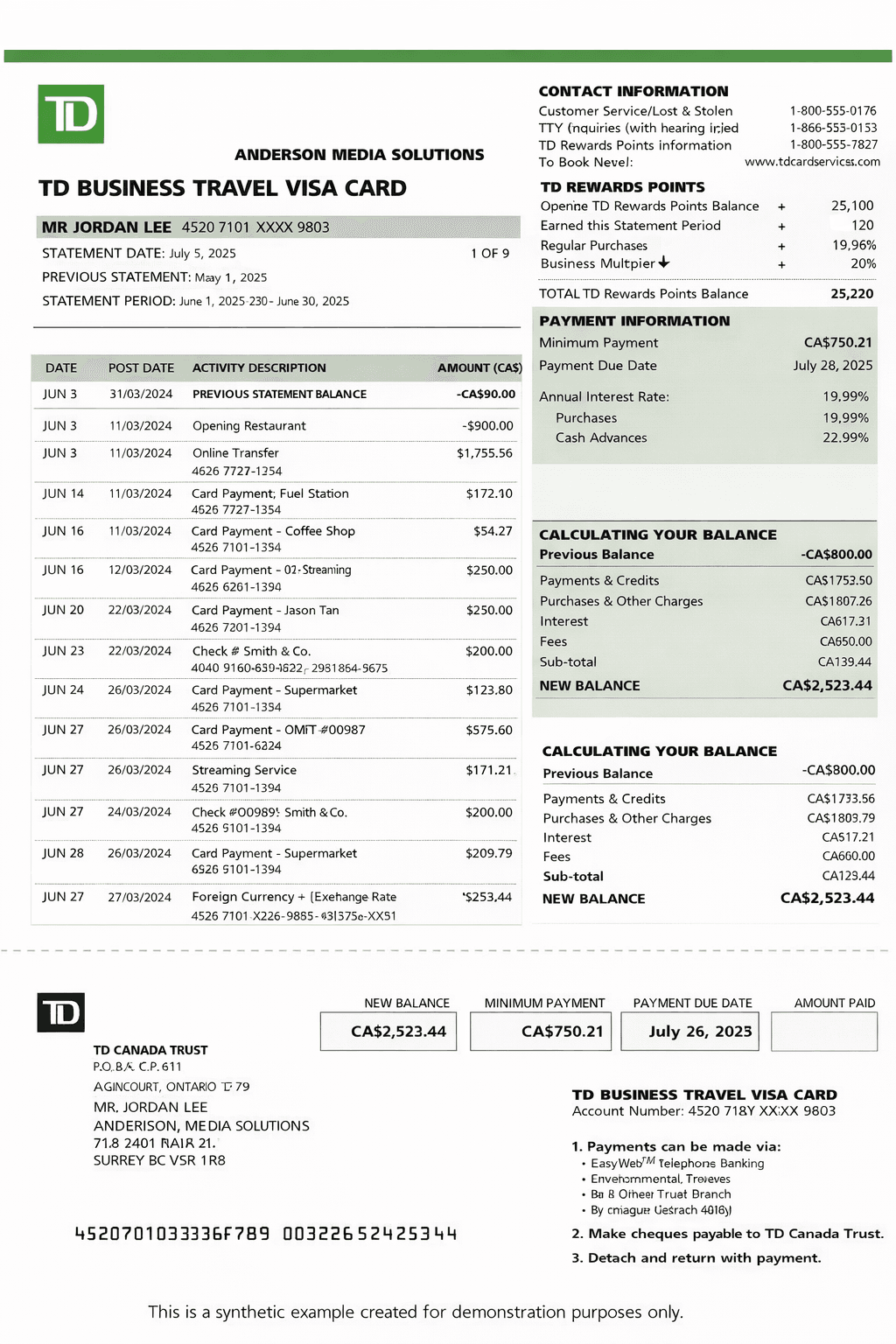 TD Canada Trust bank statement