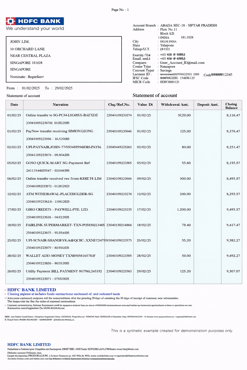 HDFC Bank bank statement