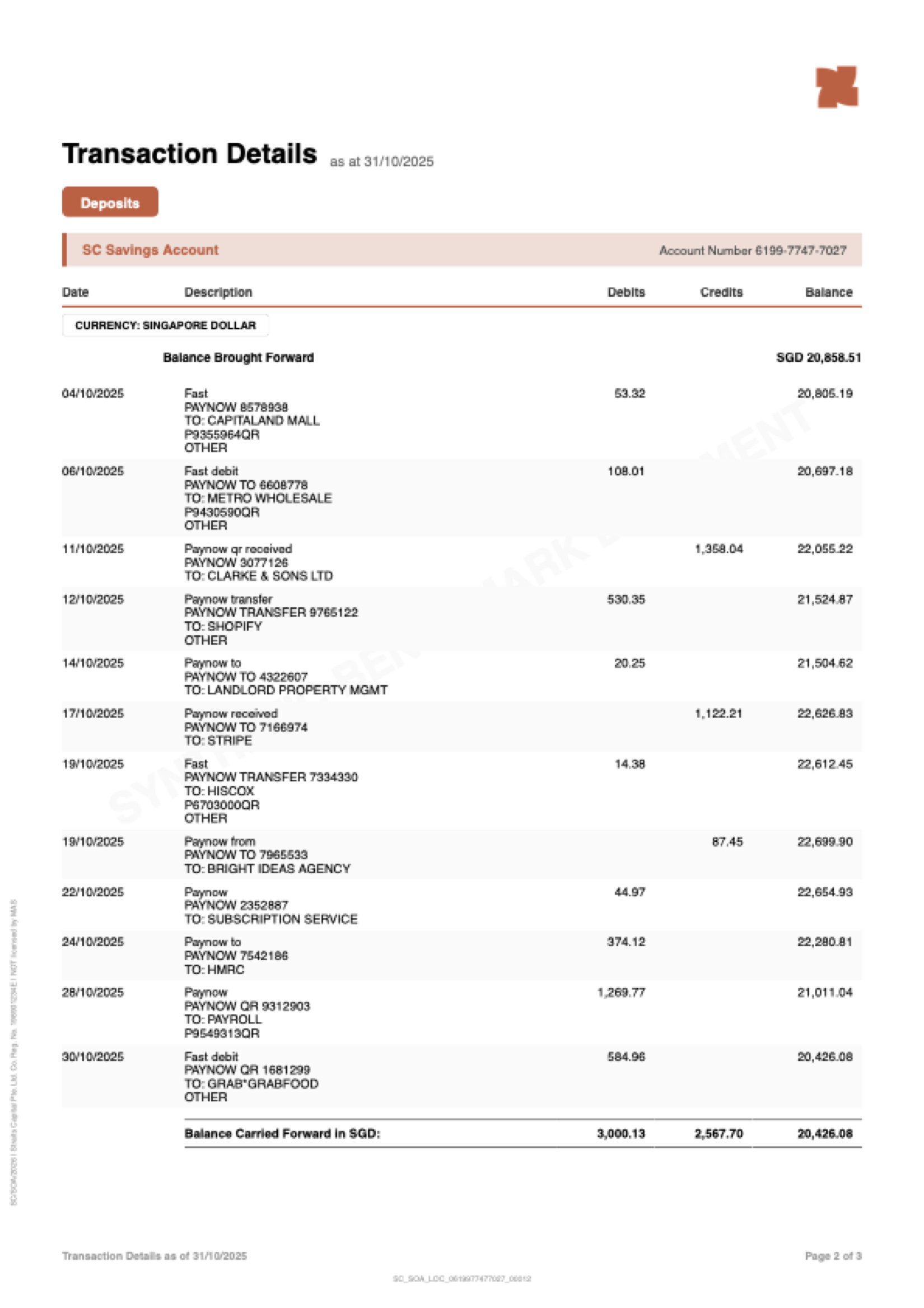Singapore bank statement